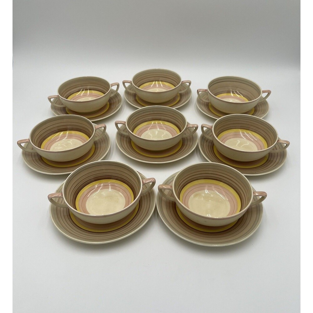 Vintage Susie Cooper Crown Works Cream Soup Bowls & Saucers Wedding Band